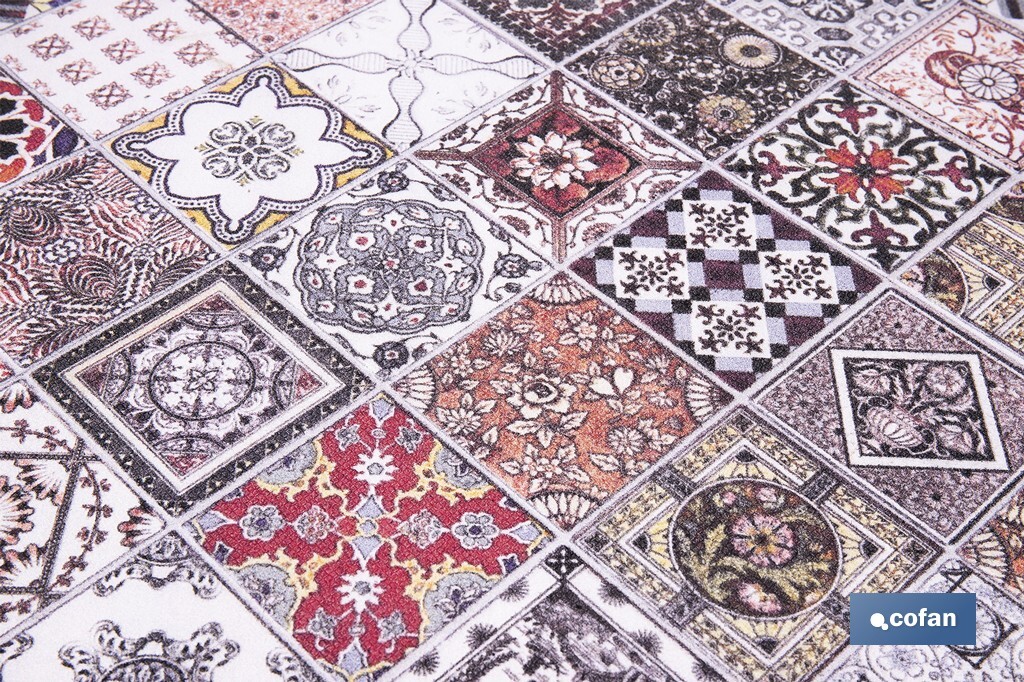 Rollo de alfombra vinílica semirrígida de impresión digital: Azulejos geométricos de colores | Resistente para suelos interiores y exteriores cubiertos - Cofan