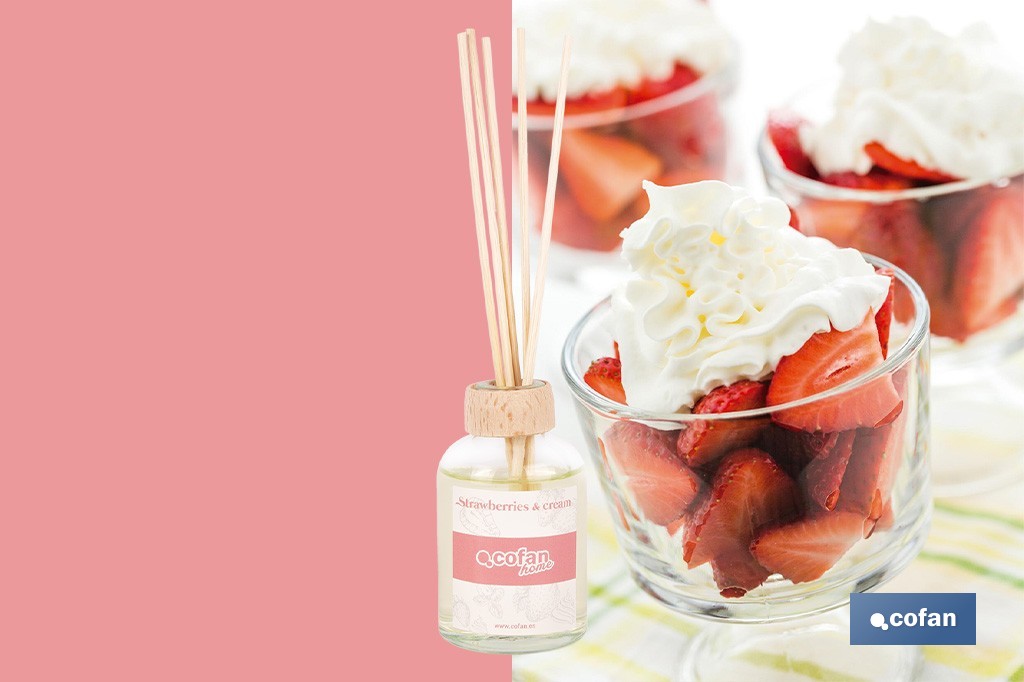 Ambientador de varillas | Aroma a fresas y nata | Difusor con varillas de ratán - Cofan
