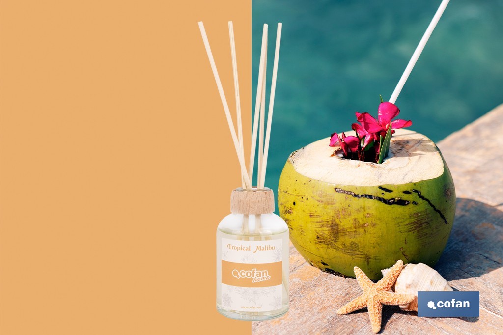 Ambientador de varillas | Aroma Malibú tropical | Difusor con varillas de ratán - Cofan
