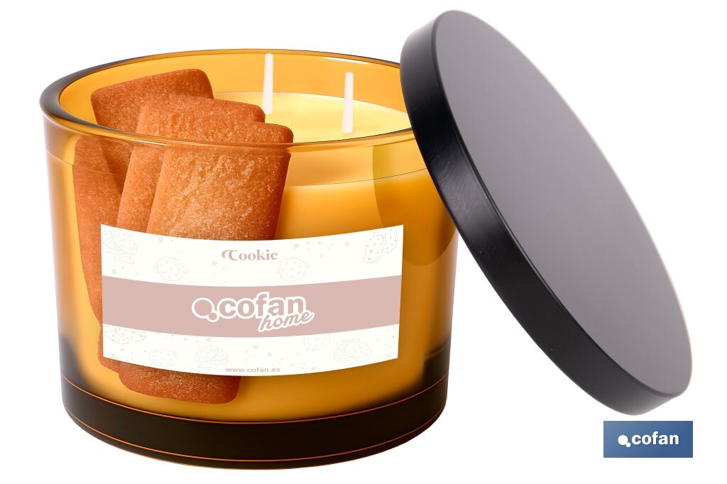 Vela aromática Cookie de 3 mechas | Cera de soja | Aroma a canela napolitana | Vaso de vidrio ámbar decorativo | Duración de combustión: 35 horas - Cofan