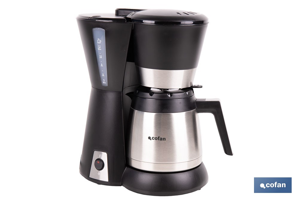 Cafetera eléctrica de goteo con jarra termo de 1,2 l | Potencia: 800 W, capacidad para 12 tazas | Filtro permanente - Cofan