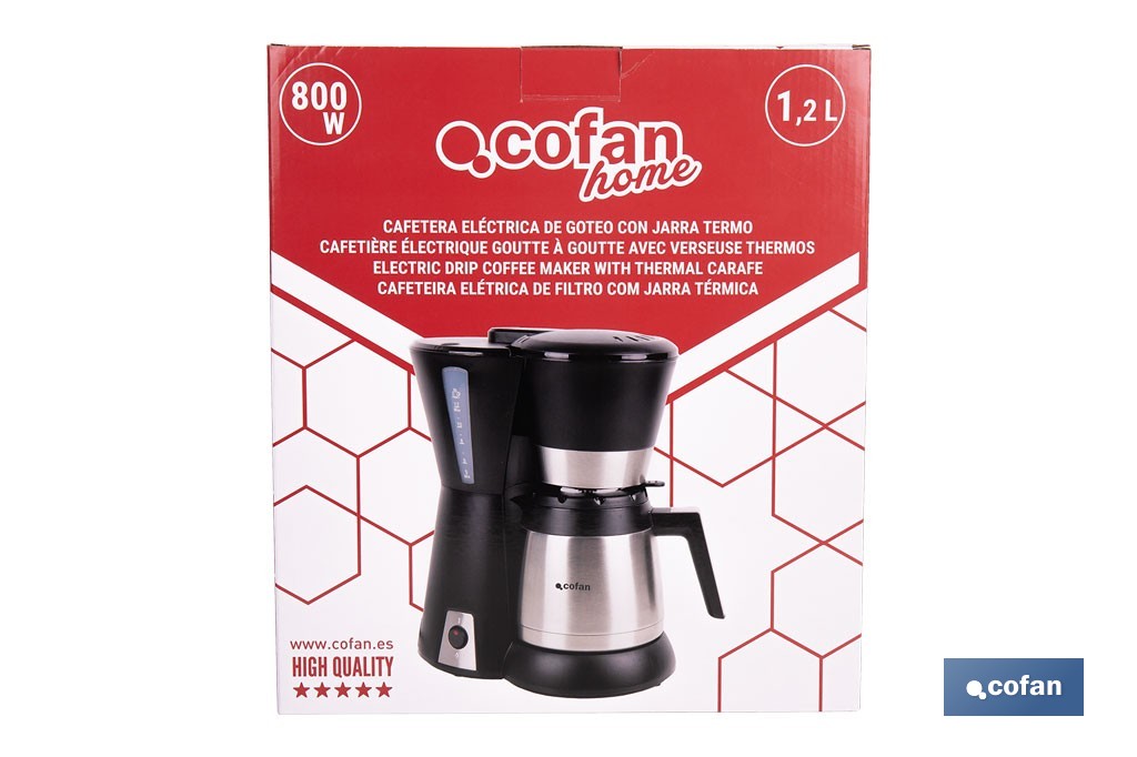 Cafetera eléctrica de goteo con jarra termo de 1,2 l | Potencia: 800 W, capacidad para 12 tazas | Filtro permanente - Cofan