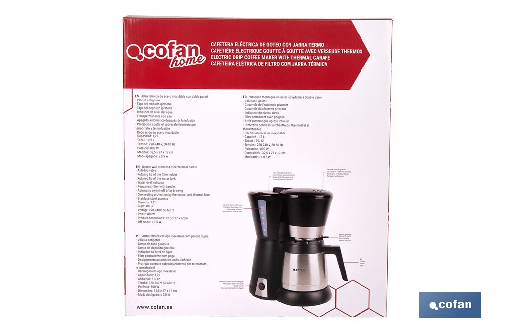 Cafetera eléctrica de goteo con jarra termo de 1,2 l | Potencia: 800 W, capacidad para 12 tazas | Filtro permanente - Cofan