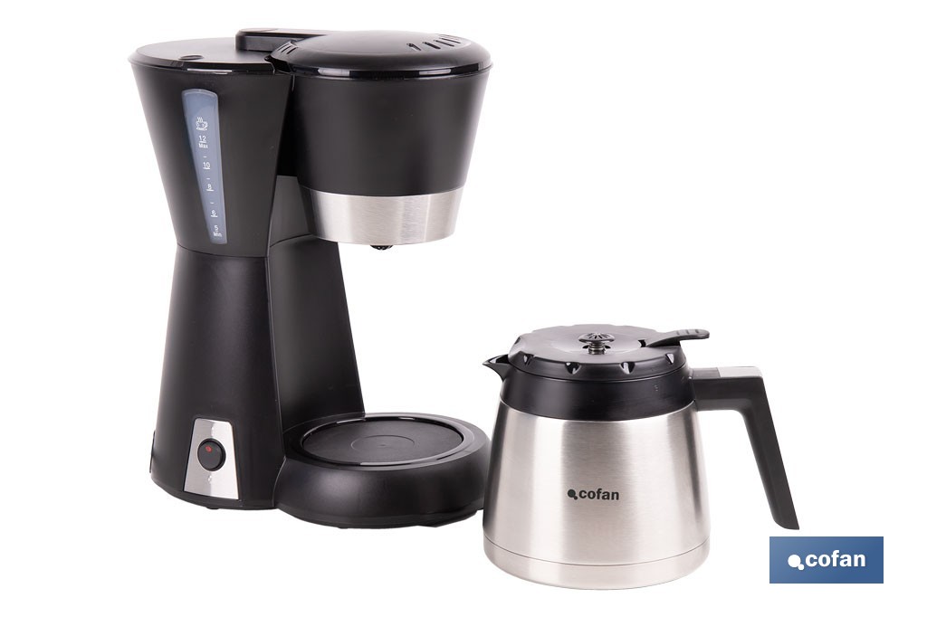 Cafetera eléctrica de goteo con jarra termo de 1,2 l | Potencia: 800 W, capacidad para 12 tazas | Filtro permanente - Cofan