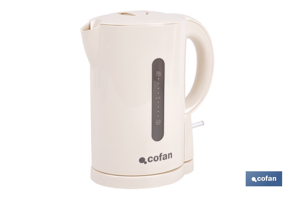 Hervidor eléctrico de agua beige | Capacidad: 1 Litro | Potencia: 1080 W | Hervidor compacto con controlador Strix | Ideal para cocinas y oficinas - Cofan