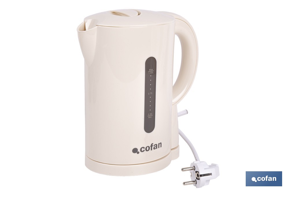 Hervidor eléctrico de agua beige | Capacidad: 1 Litro | Potencia: 1080 W | Hervidor compacto con controlador Strix | Ideal para cocinas y oficinas - Cofan
