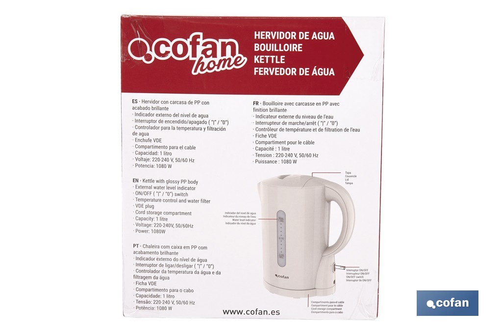 Hervidor eléctrico de agua beige | Capacidad: 1 Litro | Potencia: 1080 W | Hervidor compacto con controlador Strix | Ideal para cocinas y oficinas - Cofan