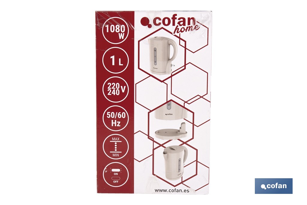 Hervidor eléctrico de agua beige | Capacidad: 1 Litro | Potencia: 1080 W | Hervidor compacto con controlador Strix | Ideal para cocinas y oficinas - Cofan