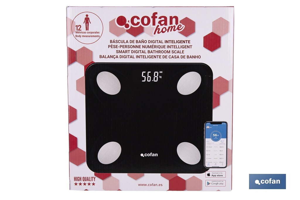 Báscula de baño digital inteligente | Análisis corporal completo | Báscula con Bluetooth y aplicación móvil | Carga USB - Cofan