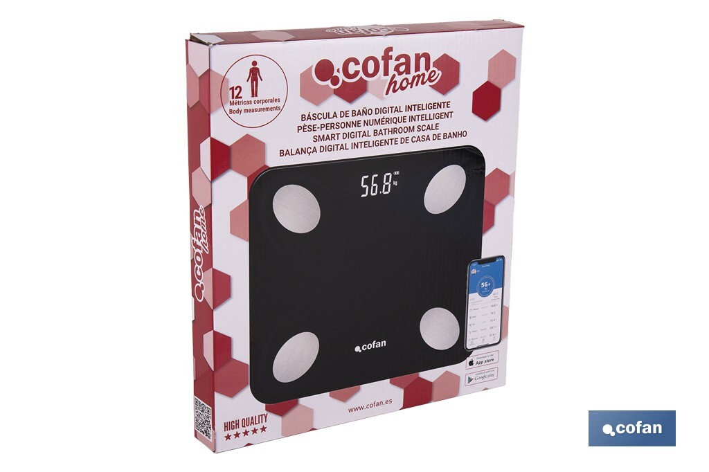 Báscula de baño digital inteligente | Análisis corporal completo | Báscula con Bluetooth y aplicación móvil | Carga USB - Cofan