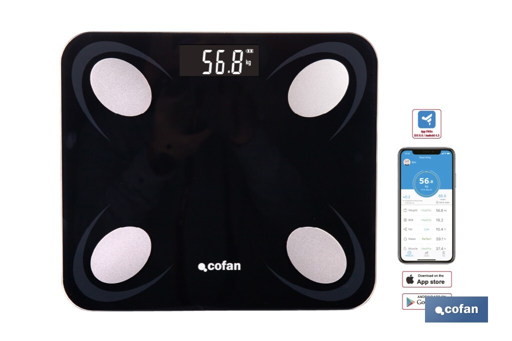 Báscula de baño digital inteligente | Análisis corporal completo | Báscula con Bluetooth y aplicación móvil | Carga USB - Cofan