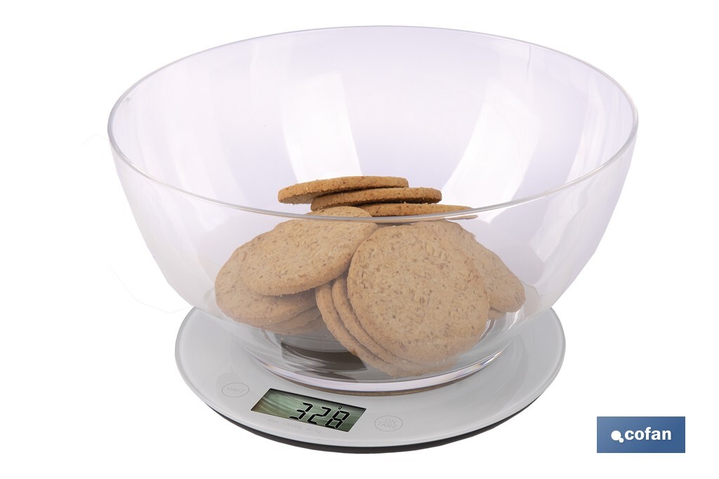 Báscula de cocina digital con cuenco transparente de 3,8 litros | Color: Gris | Alta precisión y diseño compacto - Cofan