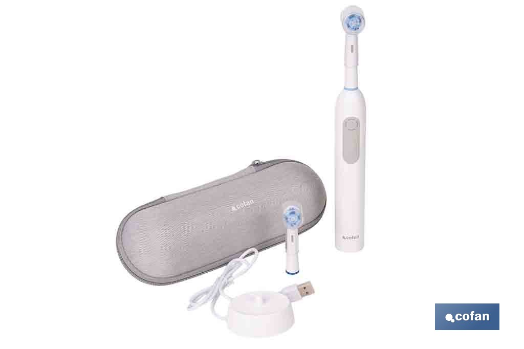 Cepillo de dientes eléctrico recargable | Color blanco con 3 modos de limpieza | Incluye 2 cabezales y estuche de viaje - Cofan