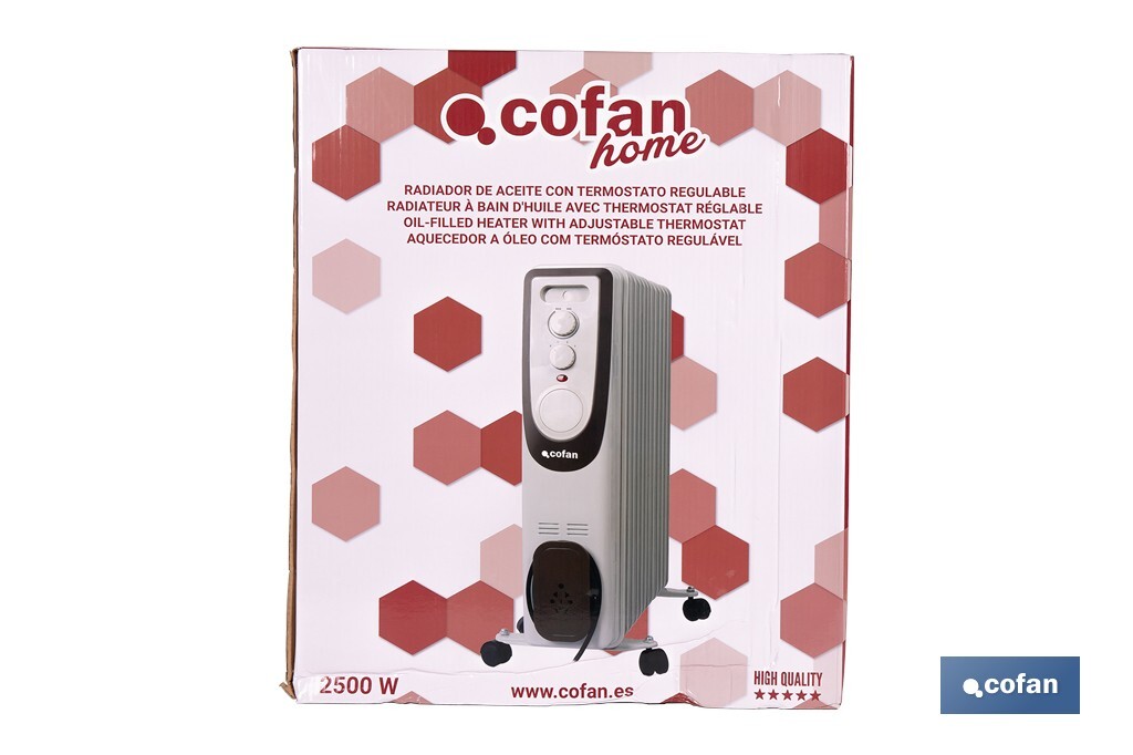 Radiador de aceite 2500 W | Color: blanco | Con 11 elementos y termostato regulable | Seguridad antiincendios y Control antivuelco - Cofan