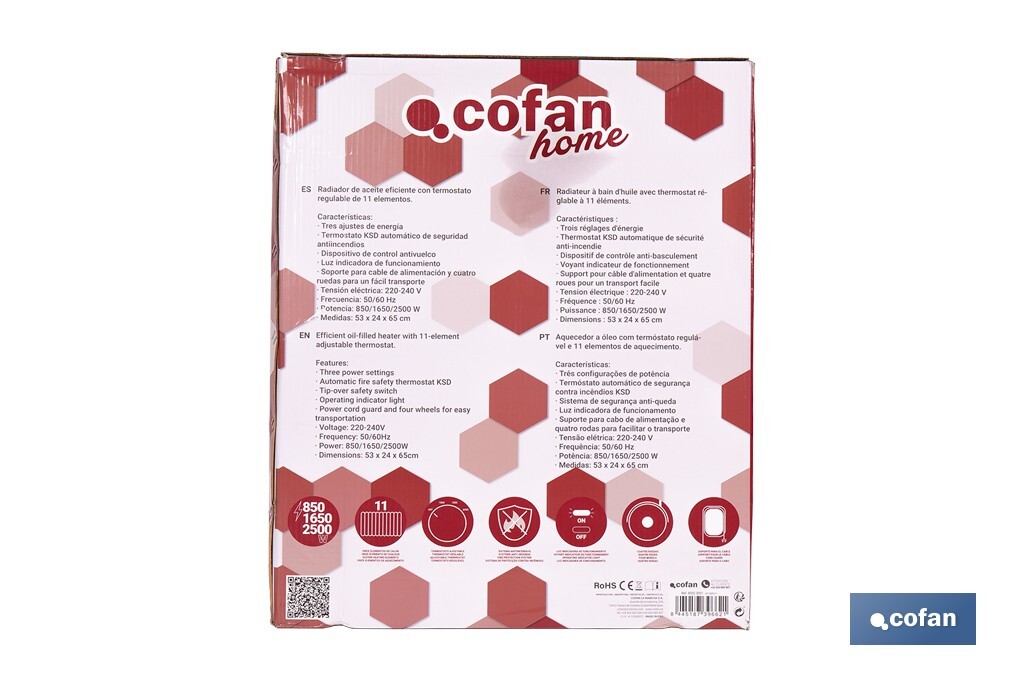 Radiador de aceite 2500 W | Color: blanco | Con 11 elementos y termostato regulable | Seguridad antiincendios y Control antivuelco - Cofan