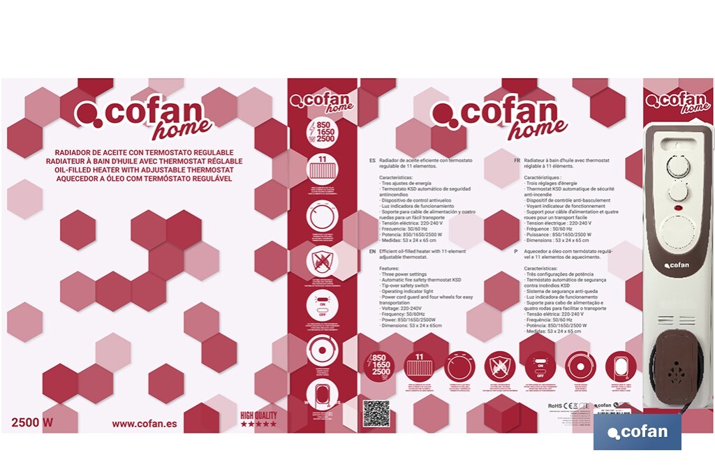 Radiador de aceite 2500 W | Color: blanco | Con 11 elementos y termostato regulable | Seguridad antiincendios y Control antivuelco - Cofan