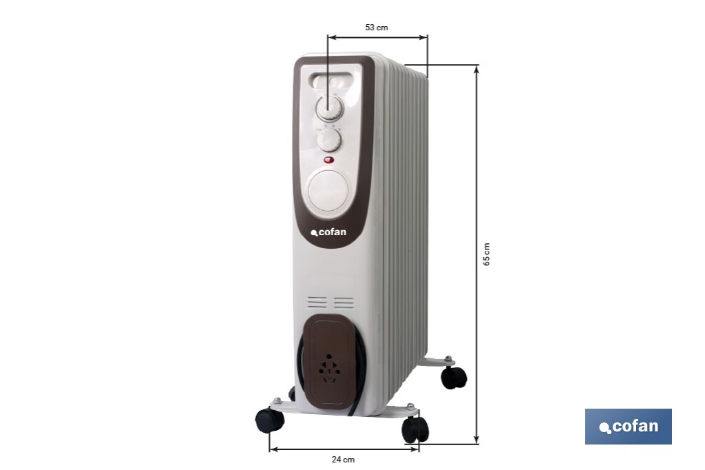 Radiador de aceite 2500 W | Color: blanco | Con 11 elementos y termostato regulable | Seguridad antiincendios y Control antivuelco - Cofan