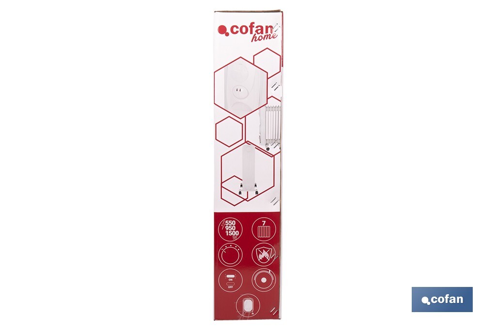 Radiador de aceite con termostato y ventilador | 1500 W + 400 W | 7 elementos | 3 niveles de potencia | Color blanco - Cofan