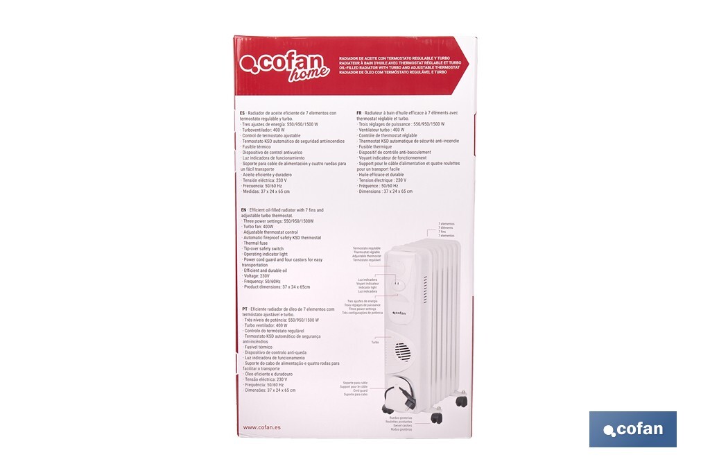 Radiador de aceite con termostato y ventilador | 1500 W + 400 W | 7 elementos | 3 niveles de potencia | Color blanco - Cofan