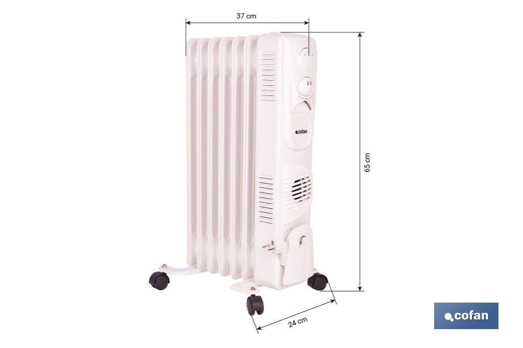 Radiador de aceite con termostato y ventilador | 1500 W + 400 W | 7 elementos | 3 niveles de potencia | Color blanco - Cofan