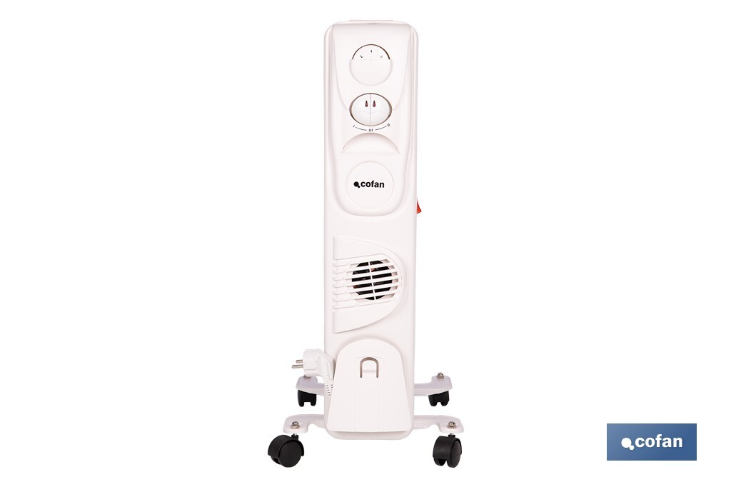 Radiador de aceite con termostato y ventilador | 1500 W + 400 W | 7 elementos | 3 niveles de potencia | Color blanco - Cofan