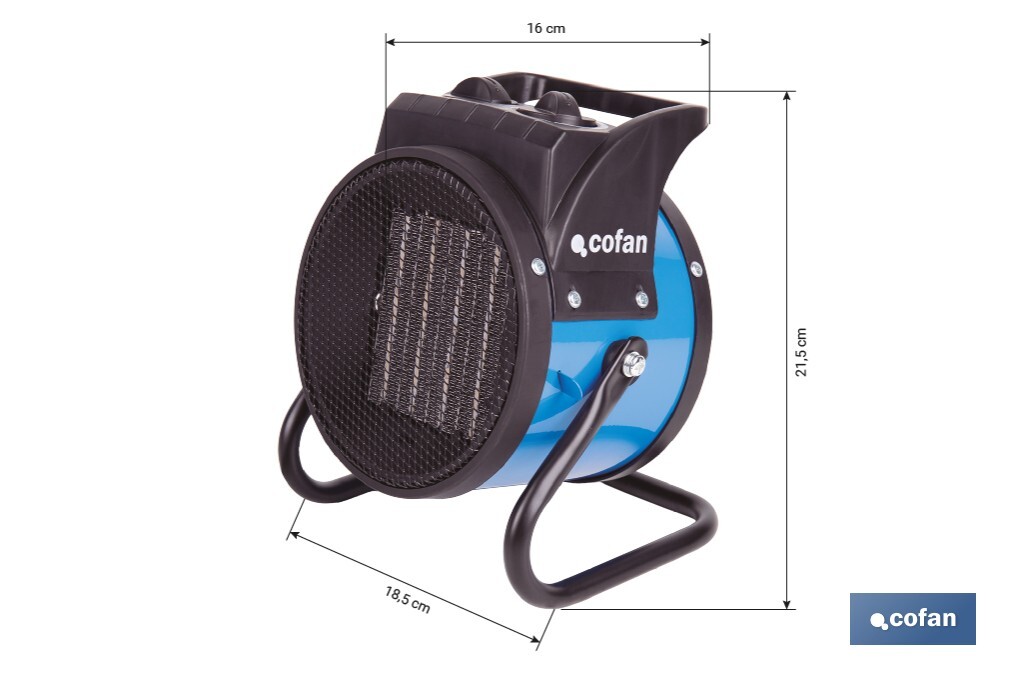 Calefactor cerámico industrial | Potencia: 2000 W | Diseño portátil | Termostato ajustable | Protección térmica - Cofan