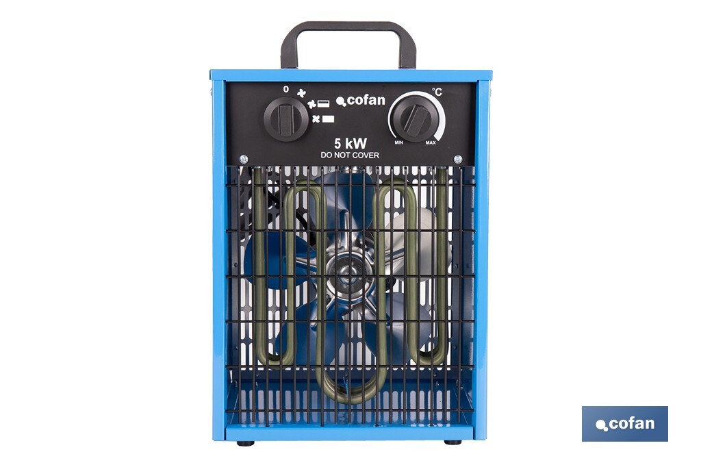 Calefactor eléctrico con enchufe industrial | Potencia: 5000 W | Función ventilador | Enchufe tipo trifásico (5 pines) | Protección IP24 - Cofan
