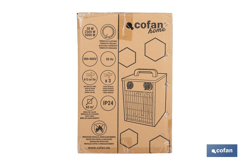 Calefactor eléctrico con enchufe industrial | Potencia: 5000 W | Función ventilador | Enchufe tipo trifásico (5 pines) | Protección IP24 - Cofan