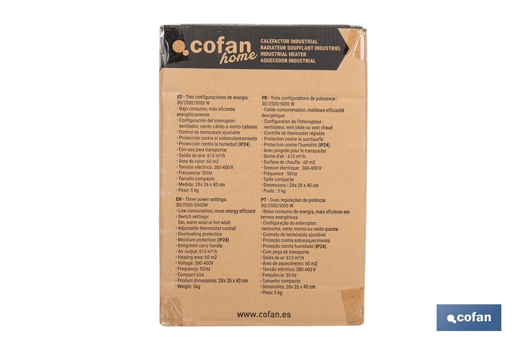Calefactor eléctrico con enchufe industrial | Potencia: 5000 W | Función ventilador | Enchufe tipo trifásico (5 pines) | Protección IP24 - Cofan