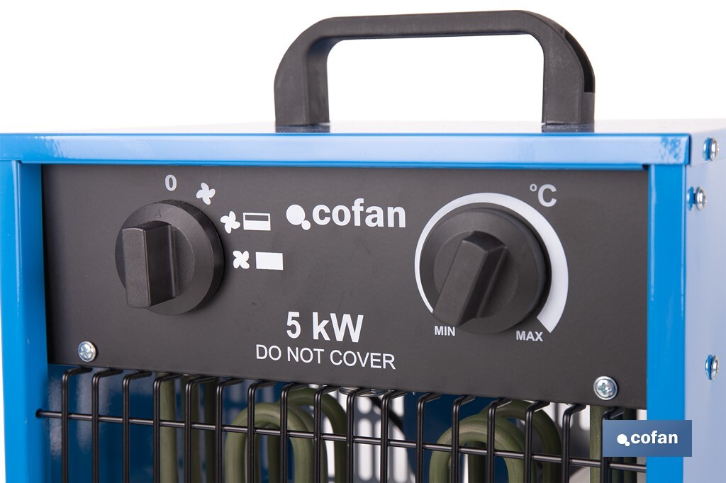 Calefactor eléctrico con enchufe industrial | Potencia: 5000 W | Función ventilador | Enchufe tipo trifásico (5 pines) | Protección IP24 - Cofan