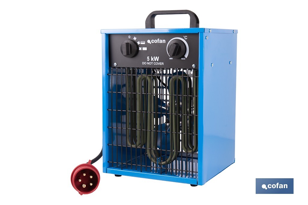 Calefactor eléctrico con enchufe industrial | Potencia: 5000 W | Función ventilador | Enchufe tipo trifásico (5 pines) | Protección IP24 - Cofan