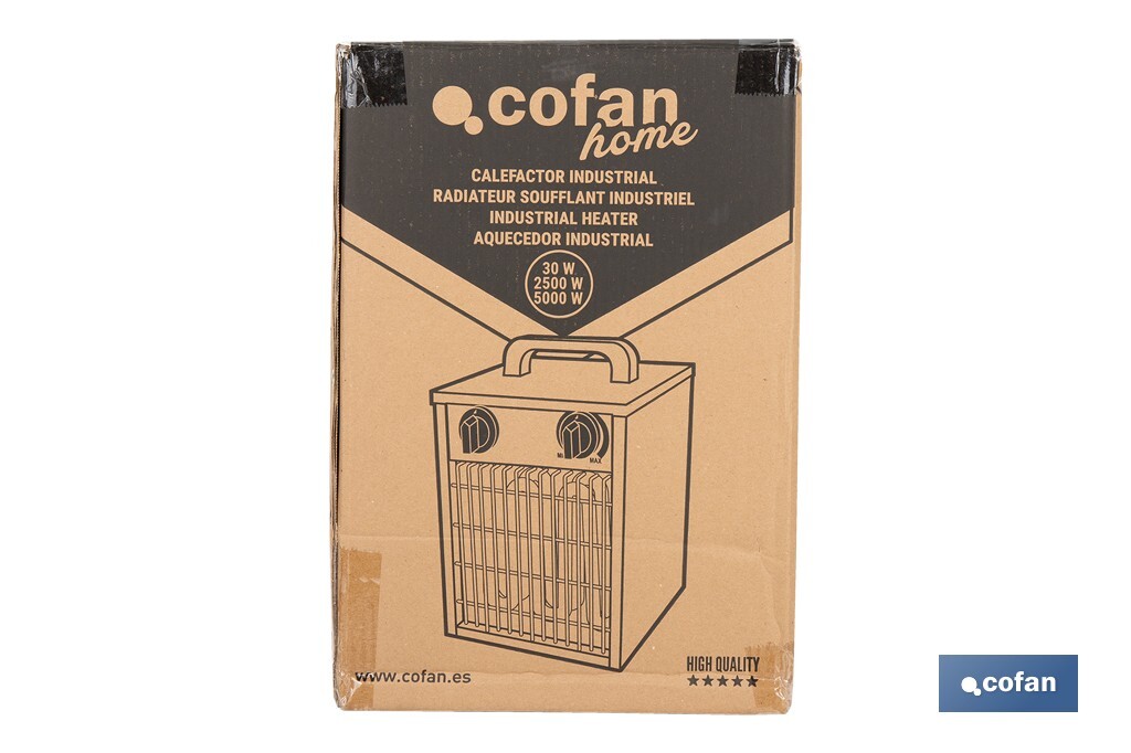 Calefactor eléctrico con enchufe industrial | Potencia: 5000 W | Función ventilador | Enchufe tipo trifásico (5 pines) | Protección IP24 - Cofan