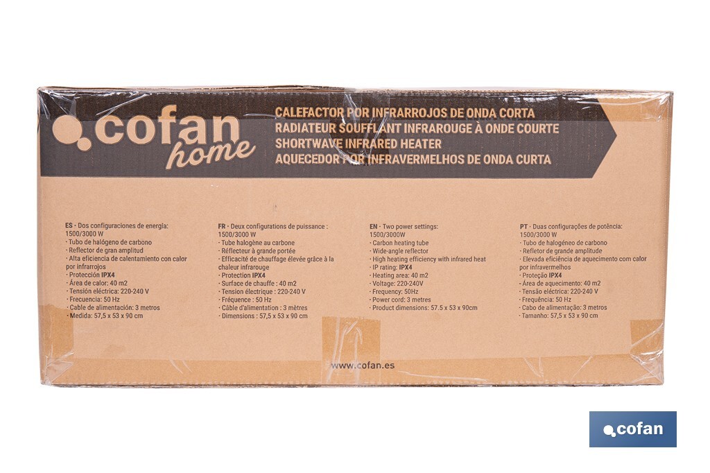 Calefactor de onda corta por infrarrojos | Potencia: 1500/3000 W | Protección IPX4 | Alta eficiencia para entornos de hasta 40 m2 - Cofan