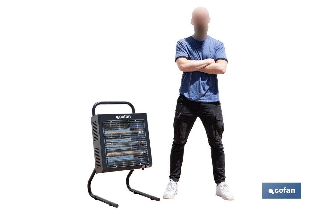 Calefactor de onda corta por infrarrojos | Potencia: 1500/3000 W | Protección IPX4 | Alta eficiencia para entornos de hasta 40 m2 - Cofan