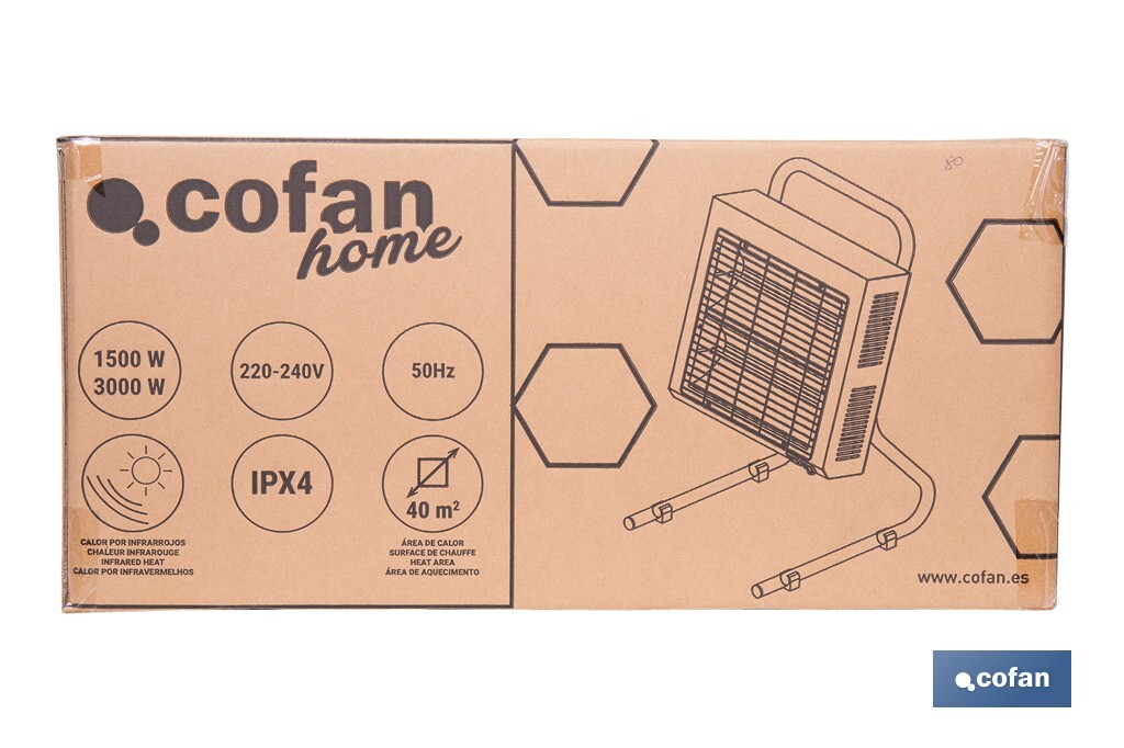 Calefactor de onda corta por infrarrojos | Potencia: 1500/3000 W | Protección IPX4 | Alta eficiencia para entornos de hasta 40 m2 - Cofan