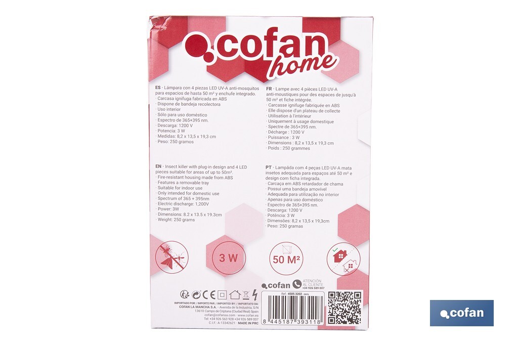 Lampe LED anti-insectes avec fiche | Puissance : 3 W | Décharge électrique : 1200 V | Surface : 50 m² | Protégez-vous contre les insectes - Cofan