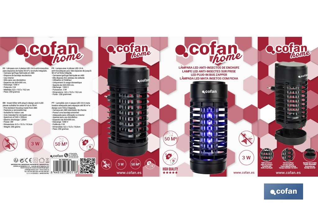 Lampe LED anti-insectes avec fiche | Puissance : 3 W | Décharge électrique : 1200 V | Surface : 50 m² | Protégez-vous contre les insectes - Cofan