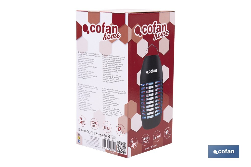 Lámpara LED antiinsectos recargable por USB | Interior y exterior | Cobertura 80 m² | Resistente al agua IPX4 | Luz UV de alta potencia | Ideal para camping, barbacoa y jardín - Cofan