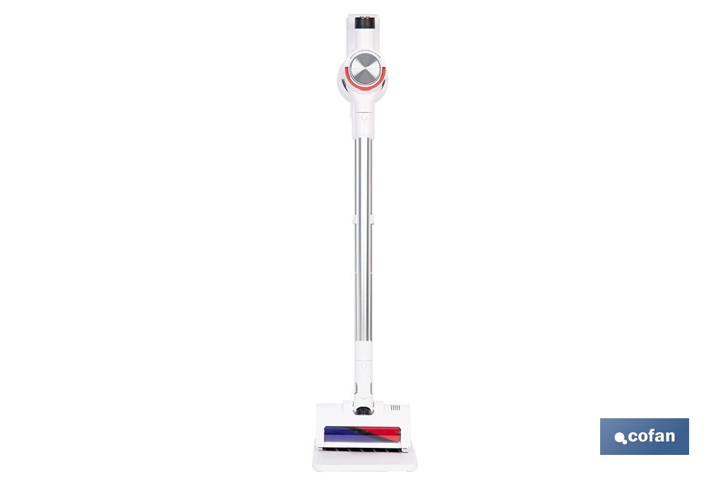 Aspiradora sin cable con base de carga | Potencia de succión: 180 AW | Potencia ciclónica: 32 kPa | 4 velocidades | Filtro HEPA lavable | Batería de litio 25,9 V | Color: blanco - Cofan