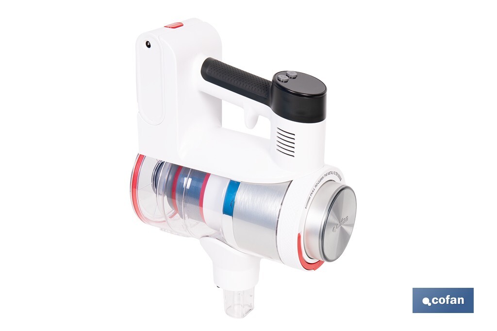 Aspiradora sin cable con base de carga | Potencia de succión: 180 AW | Potencia ciclónica: 32 kPa | 4 velocidades | Filtro HEPA lavable | Batería de litio 25,9 V | Color: blanco - Cofan