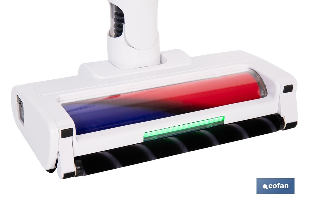 Aspiradora sin cable con base de carga | Potencia de succión: 180 AW | Potencia ciclónica: 32 kPa | 4 velocidades | Filtro HEPA lavable | Batería de litio 25,9 V | Color: blanco - Cofan