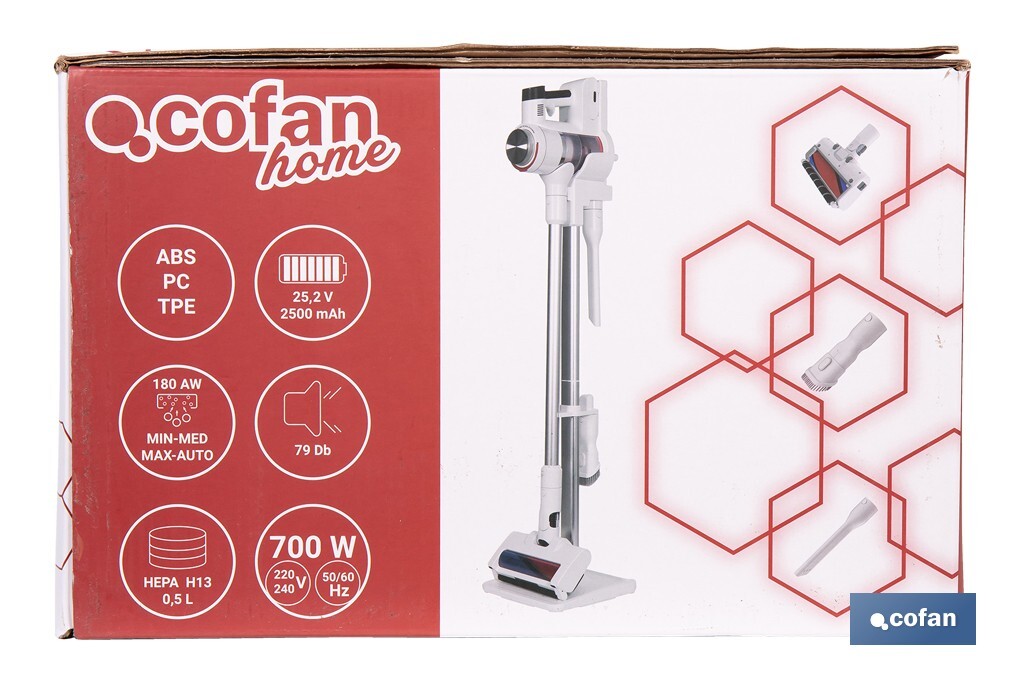 Aspiradora sin cable con base de carga | Potencia de succión: 180 AW | Potencia ciclónica: 32 kPa | 4 velocidades | Filtro HEPA lavable | Batería de litio 25,9 V | Color: blanco - Cofan
