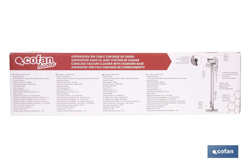 Aspiradora sin cable con base de carga | Potencia de succión: 180 AW | Potencia ciclónica: 32 kPa | 4 velocidades | Filtro HEPA lavable | Batería de litio 25,9 V | Color: blanco - Cofan