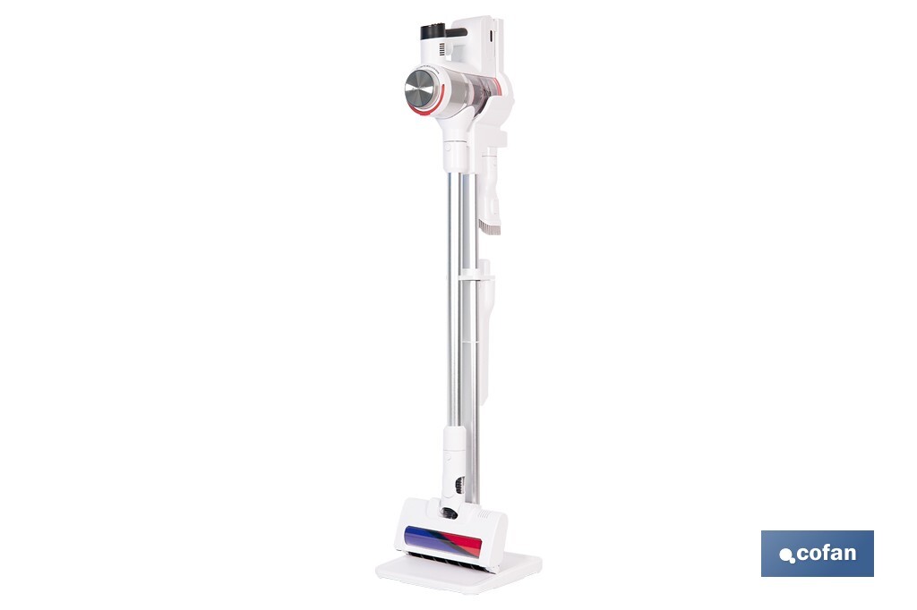 Aspiradora sin cable con base de carga | Potencia de succión: 180 AW | Potencia ciclónica: 32 kPa | 4 velocidades | Filtro HEPA lavable | Batería de litio 25,9 V | Color: blanco - Cofan