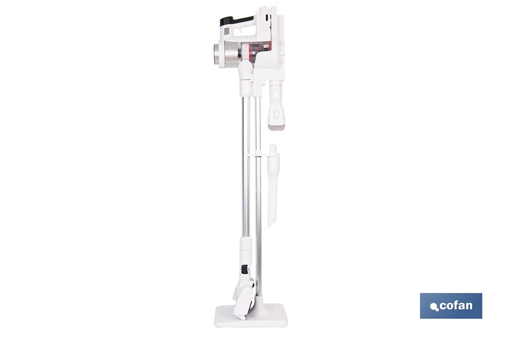 Aspiradora sin cable con base de carga | Potencia de succión: 180 AW | Potencia ciclónica: 32 kPa | 4 velocidades | Filtro HEPA lavable | Batería de litio 25,9 V | Color: blanco - Cofan