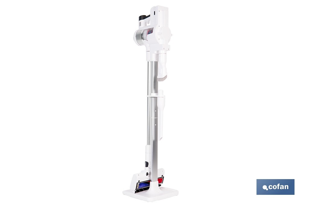 Aspiradora sin cable con base de carga | Potencia de succión: 180 AW | Potencia ciclónica: 32 kPa | 4 velocidades | Filtro HEPA lavable | Batería de litio 25,9 V | Color: blanco - Cofan
