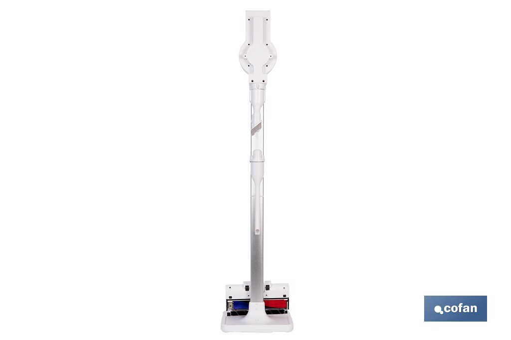 Aspiradora sin cable con base de carga | Potencia de succión: 180 AW | Potencia ciclónica: 32 kPa | 4 velocidades | Filtro HEPA lavable | Batería de litio 25,9 V | Color: blanco - Cofan