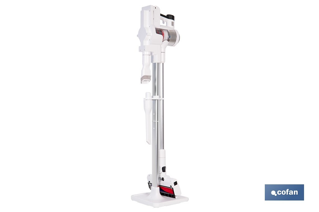 Aspiradora sin cable con base de carga | Potencia de succión: 180 AW | Potencia ciclónica: 32 kPa | 4 velocidades | Filtro HEPA lavable | Batería de litio 25,9 V | Color: blanco - Cofan