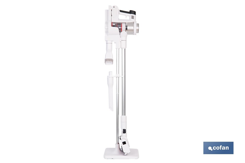 Aspiradora sin cable con base de carga | Potencia de succión: 180 AW | Potencia ciclónica: 32 kPa | 4 velocidades | Filtro HEPA lavable | Batería de litio 25,9 V | Color: blanco - Cofan