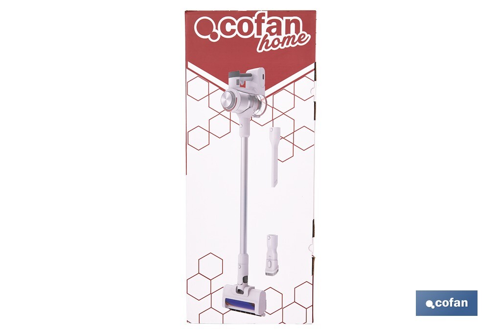 Aspirateur électrique sans fil | Puissance d'aspiration : 180 AW | Puissance cyclonique : 32 kPa | Support mural inclus | 4 vitesses | Filtre HEPA lavable | Batterie au lithium : 25,9 V | Couleur : blanc - Cofan